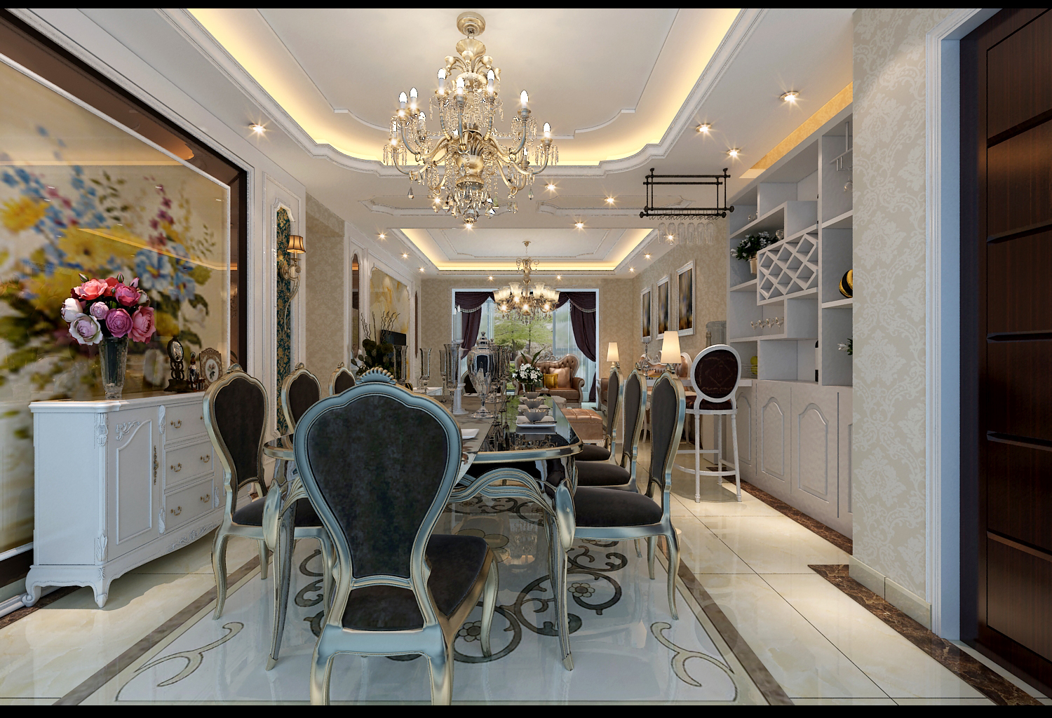 一个舒适、艺术、有格调的餐厅设计，能为家居环境增色不少。本案餐厅整体布局强调简单统一，墙地面设计与客厅相呼应，给人以温馨浪漫之感。